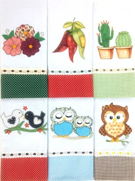 Kit 15 Panos de Prato Bordado Patchwork com Bainha Barrado e Passa Fita Real - 5