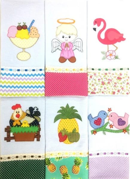 Kit 15 Panos de Prato Bordado Patchwork com Bainha Barrado e Passa Fita Real - 7