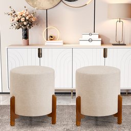 Kit 2 Puff Thor em Veludo Bege Base em Madeira - 1