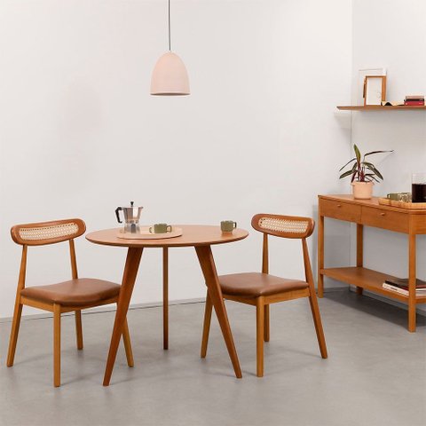 Conjunto Mesa Jantar Square Laminada Tripé Redonda Natural - 88cm + 2 Cadeiras Dalí Encosto Palha La