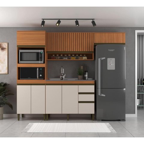Cozinha Modulada Cecília 4 Pecas com Aéreo Ripado e Aéreo Geladeira Freijo/Off White J