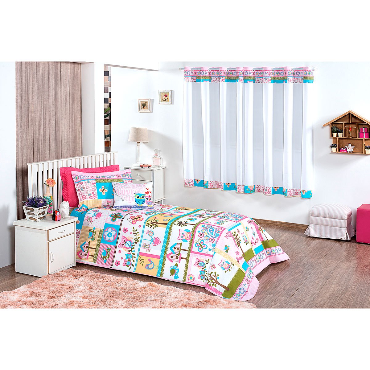 Kit Cobre Leito Infantil Solteiro Menina Estampado Coruja + Cortina + Jogo  De Cama