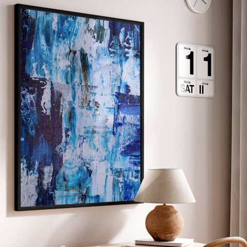 Quadro Decorativo Abstrato Mesclado Azul em Moldura Caixa Tacolado Moldura Trad 1cm Madeira Escura C