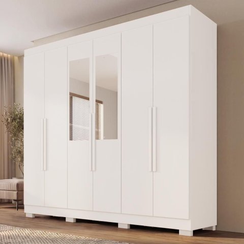 Guarda Roupa Casal Crsal 6 Portas de Bater 2 Gavetas MDP com Espelhos Branco Multimóveis 177cm