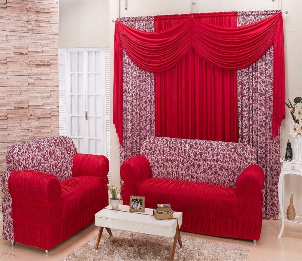 Kit Sala Capa de Sofá Estampada Combinatto+cortina 2,00x1,70 Vermelho - 1