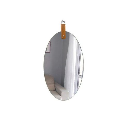 Espelho Lapidado Oval com Pendurador de Couro Caramelo 60x40cm