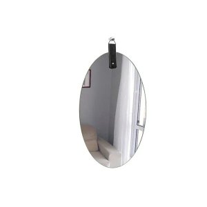 Espelho Lapidado Oval com Pendurador de Couro Preto 60x40cm