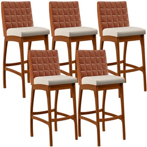 Kit 05 Banquetas Altas Cozinha Sala De Jantar Fixa Mila B04 Couríssimo Camel Linho Cru - Lyam