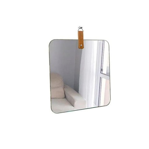 Espelho Lapidado Quadrado com Cantos Arredondados com Pendurador de Couro Caramelo 60x40