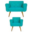 Ver imagem 1 de Kit Namoradeira e 1 Poltrona Estofada Para Sala de Tv Isabella Suede Azul Turquesa - LM DECOR
