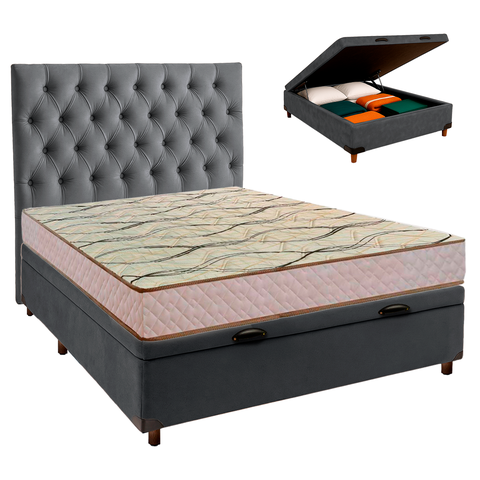 Cama + Bau Cinza e Colchão D33 Casal - Maxsono Paropas + Cabeceira
