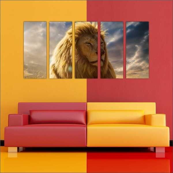 Quadro Decorativo Animais Leão Salas Interiores Mosaico 5 Peças Com Moldura - 2