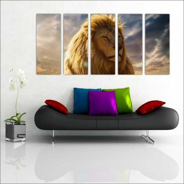 Quadro Decorativo Animais Leão Salas Interiores Mosaico 5 Peças Com Moldura - 1