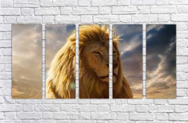 Quadro Decorativo Animais Leão Salas Interiores Mosaico 5 Peças Com Moldura - 5