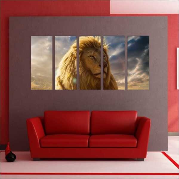 Quadro Decorativo Animais Leão Salas Interiores Mosaico 5 Peças Com Moldura - 4