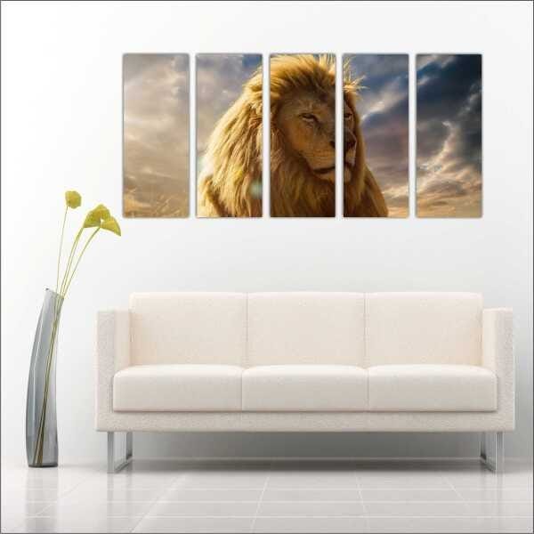 Quadro Decorativo Animais Leão Salas Interiores Mosaico 5 Peças Com Moldura - 3
