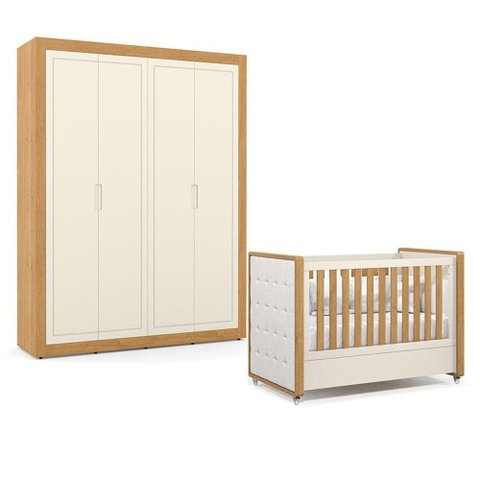 Berço Americano com Capitonê New Boucle e Guarda Roupa Tutto New 4 Portas Freijó Off White -