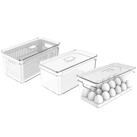Kit 3 Organizadores de Geladeira Transparentes Porta Ovos 36 Un Porta Frutas Legumes Clear Fresh ou