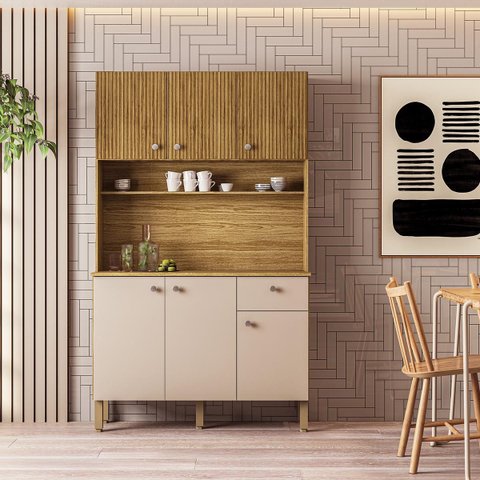 Armário Cozinha Compacta Style com 6 Portas e 1 Gaveta em Mdp Freijó/vanilla/cp-ripado Freijó - Kits