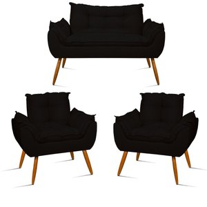 Kit Namoradeira Opala + 2 Poltronas para Sala Balaqui Decor Cor:preto