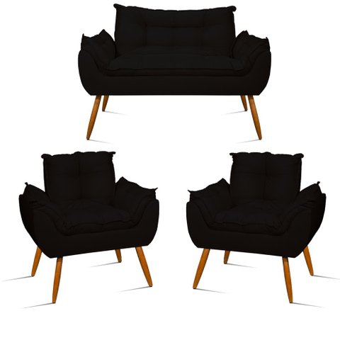 Kit Namoradeira Opala + 2 Poltronas para Sala Balaqui Decor Cor:preto