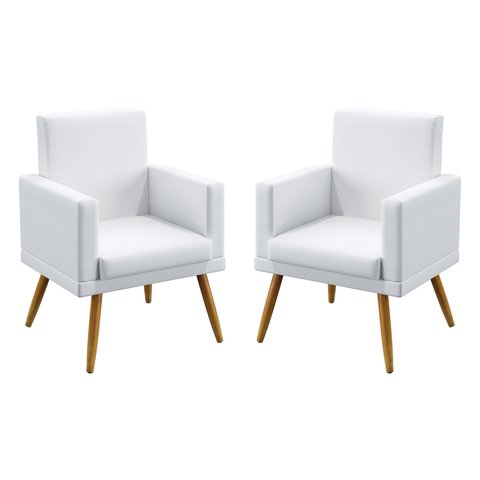 Kit 2 Poltronas Decorativas Estofadas Nina com Rodapé para Sala de Estar Couro Artificial Branco Ara