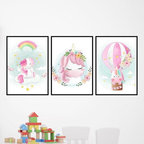 Kit 3 Quadros Unicórnios - Aquarela - Balão 45x34cm - com vidro:Madeira preta