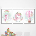 Ver imagem 1 de Kit 3 Quadros Unicórnios - Aquarela - Balão 45x34cm - com vidro:Madeira preta