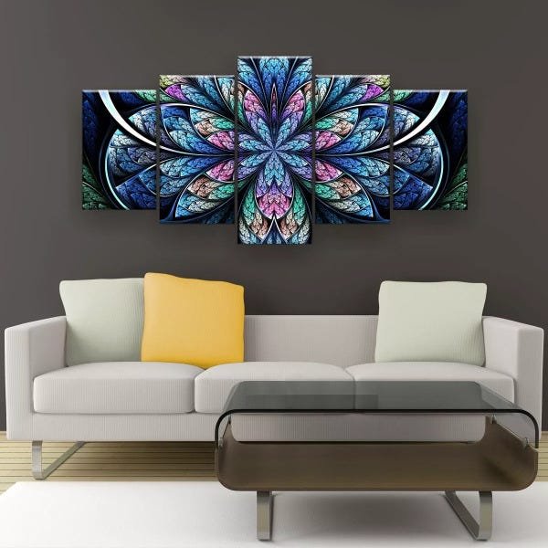 Quadro Decorativo Flor Simétrica Azul 129x61 Sala Quarto - 3