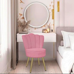 Cadeira para Studio Maquiagem Clinica Estética Veludo Rosa Pés Dourado Bz Home Decor