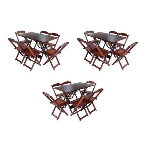 Kit 3 Jogos de Mesa Dobravel com 6 Cadeiras de Madeira 120x70 para Restaurante e Bar - Imbuia