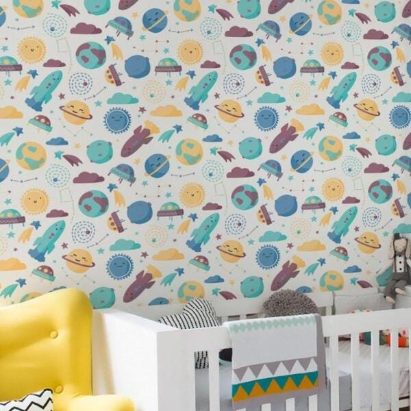 Papel de Parede Adesivo Infantil Cute Space Azul - 45x300 cm - 1