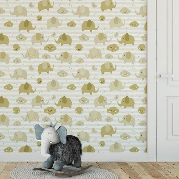 Papel de Parede Adesivo Infantil Elefantinhos-Caqui- 45x250 cm - 10