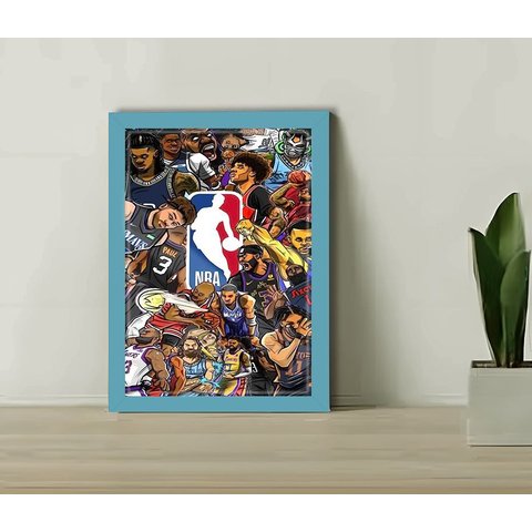 Quadro Decorativo Nba Cartoon + Vidro 33x25 Sala Escritório:azul
