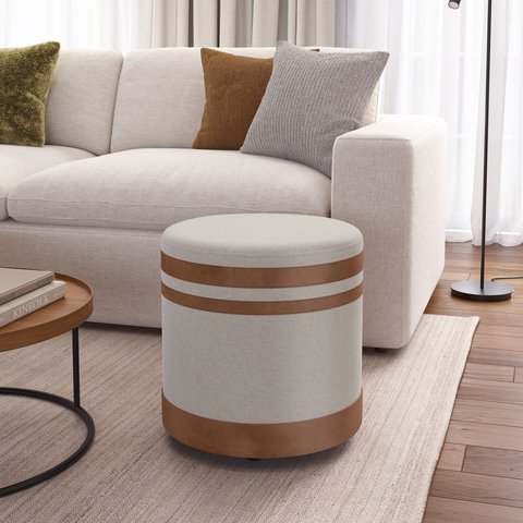 Puf Puff Banqueta Redondo Linho com Detalhes em Couro Marrom