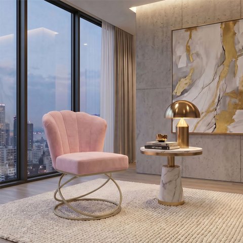 Poltrona Decorativa Estofada Base Aramado Aço Reforçada Industrial Champagne e Cor Rosê