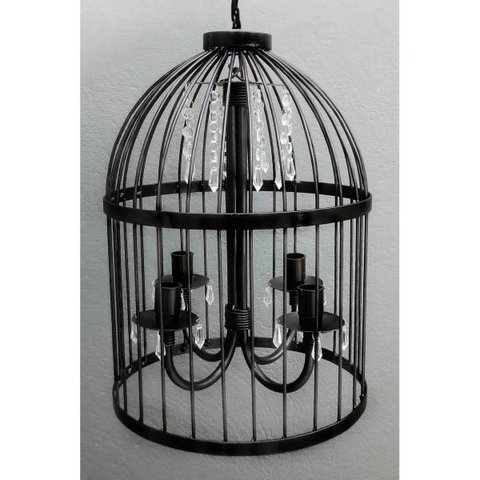 Pendente de Ferro com Cristais Linda Gaiola para Iluminação de Varanda Colonial - Preto