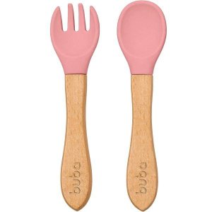 Kit Talher de Silicone e Bambu Garfo Colher de Bebe Buba Rosa