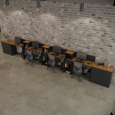 Conjunto de Escritório Smart 3 Livreiro 2 Buffet e 4 Mesas 90cm - Preto e Cedro