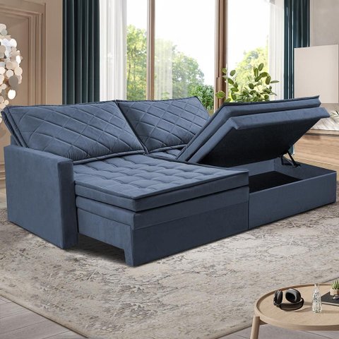 Sofá sem Caixa Retrátil Baú 2,00m Cama Inbox Marselha Suede Velusoft Azul