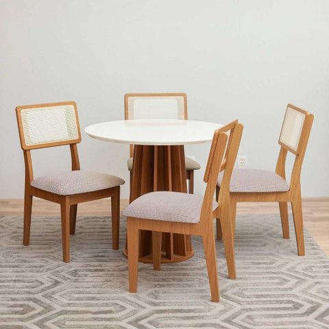 Mesa de Jantar 90cm C/ 4 Cadeiras e Base Ripada 100% Mdf Cor:off White com Freijó e Bege Rústico