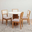 Ver imagem 1 de Mesa de Jantar 90cm C/ 4 Cadeiras e Base Ripada 100% Mdf Cor:off White com Freijó e Bege Rústico