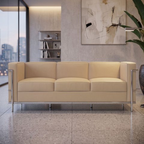 Sofá Le Corbusier 3 Lugares Couro Sintético Linha Premium Design Atemporal Sala Moderna Luxo - Bege