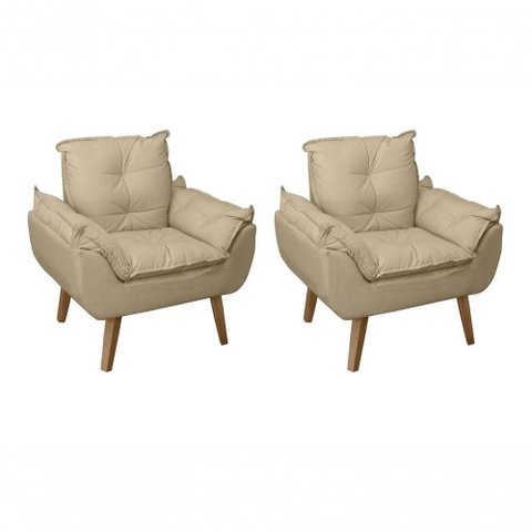 Kit 02 Poltrona Cadeira Decorativa Glamour com Pés Quadrado Bege Linho