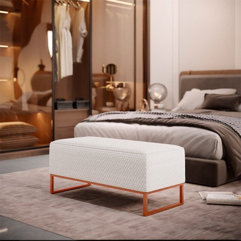 Puff Decorativo Sala de Estar Cléo 90cm Base de Ferro Cobre W01 Bouclê Cru - Lyam Decor