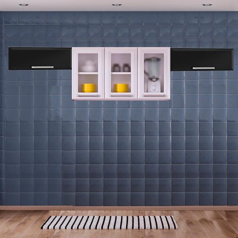 Cozinha Itatiaia Luce com Armário Aéreo com 3 Vidros 5 Portas Branco / Preto