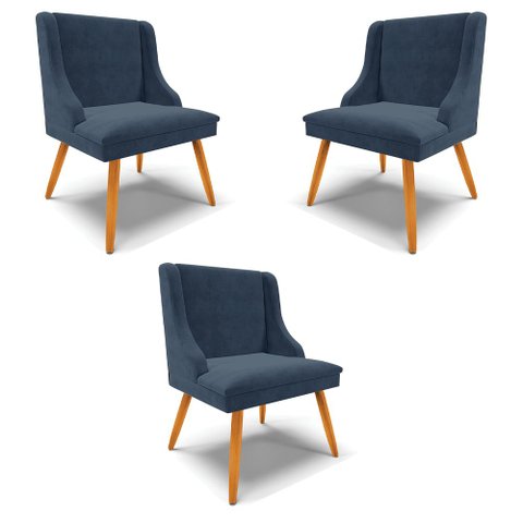 Kit 3 Cadeiras Decorativas Sala de Jantar Pés Palito de Madeira Firenze Suede Azul Marinho/Natural G