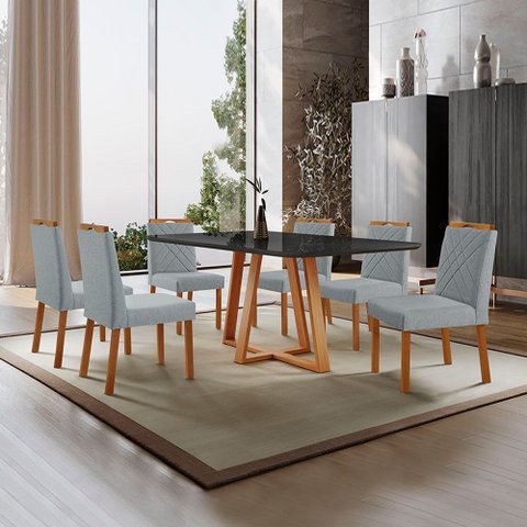 Conjunto Sala de Jantar Mesa Florença Madeira Maciça 180x90cm Tampo Retângular Vidro Preto com 6 Cad
