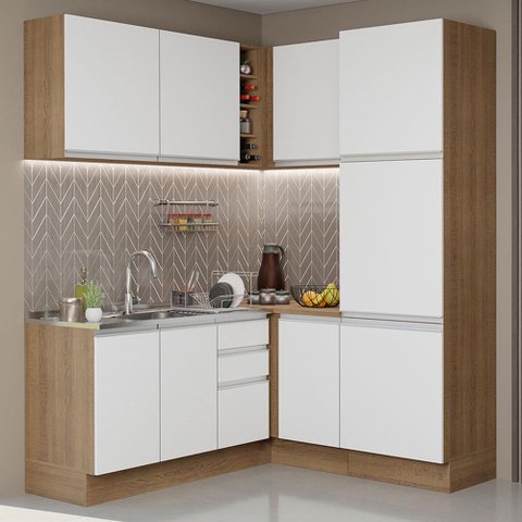 Armário de Cozinha Completa de Canto 329cm Rustic Branco Glamy Madesa 01