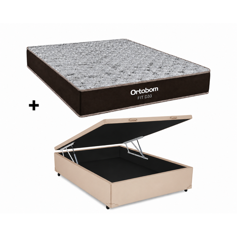 Cama Box Bau Casal Bege Colchão Fit D33 Espuma 138x188 - Ortobom